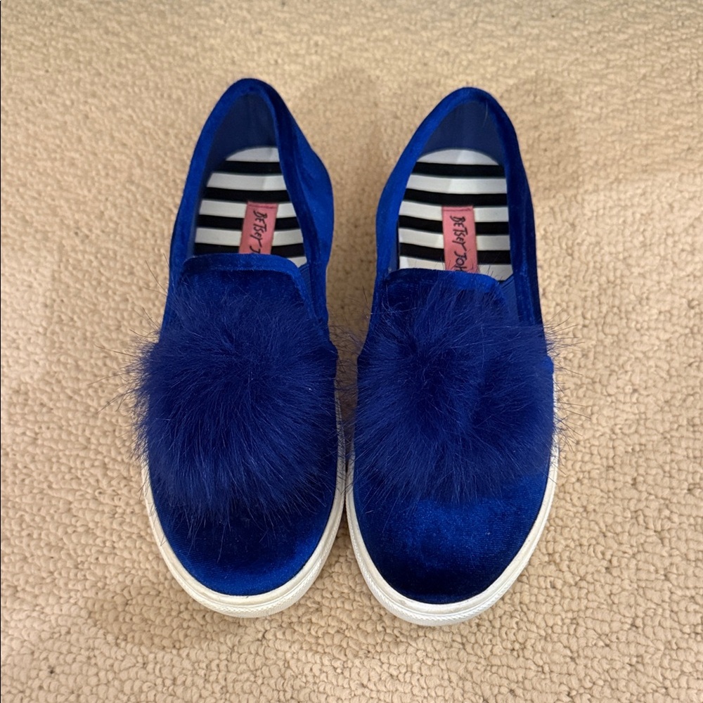 Betsey Johnson Royal Blue Pom Pom Slip on Shoes